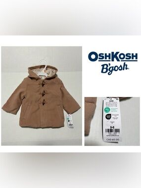 🆕OSHKOSH - 12M - NWT - INFANT BROWN HOODED FASHION TOGGLE JACKET / COAT